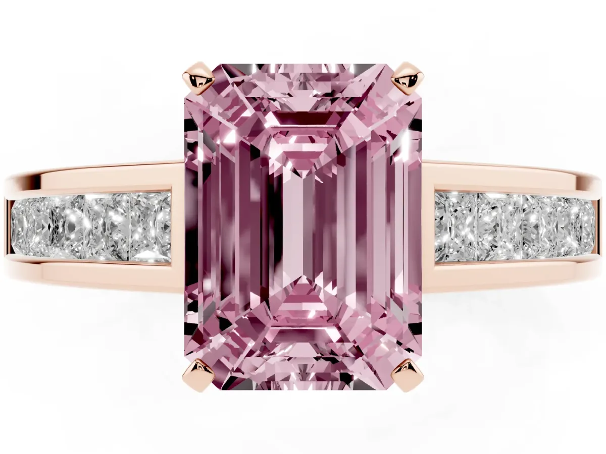 Fancy Pink Emerald Cut Solitaire Diamond Ring with Channel-Set Band and Four-Prong Setting Rose gold