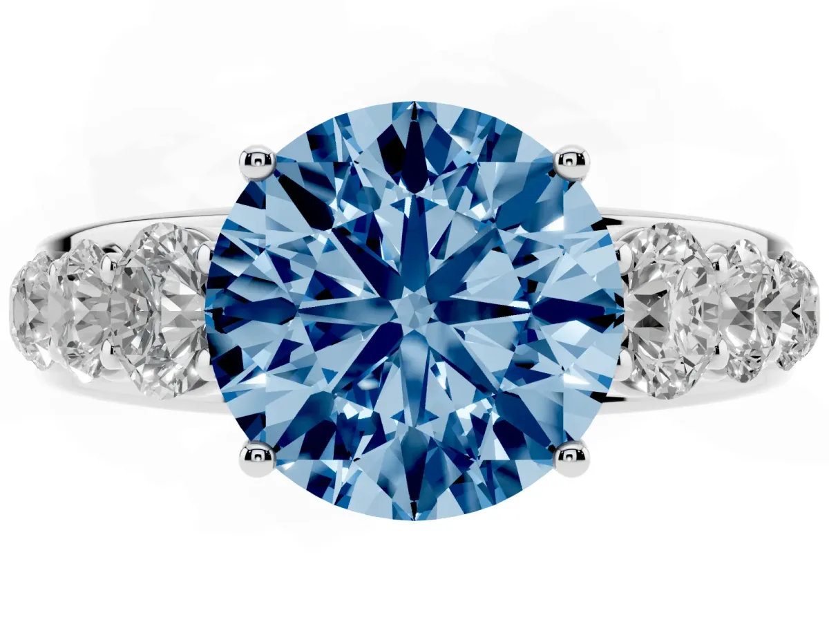 Fancy Blue Round Cut Brilliant Diamond Pavé Band with Six-Prong Setting Silver