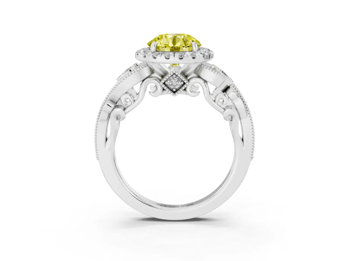 Fancy Yellow Round Cut Diamond Halo Ring with Milgrain Pavé Band and Four-Prong Setting Silver