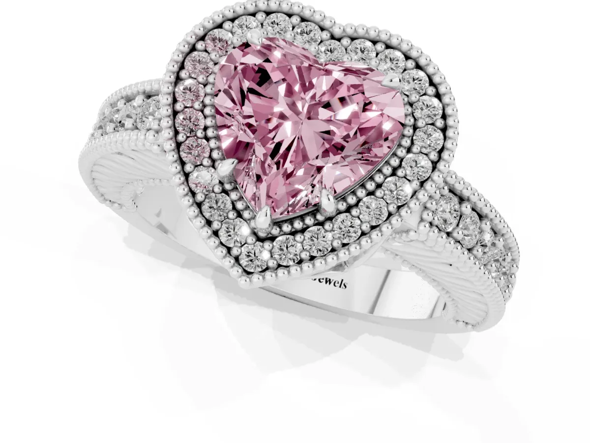 Fancy Pink Heart Cut Cut Halo Diamond Ring with Pavé Band and Four-Prong Setting Platinum