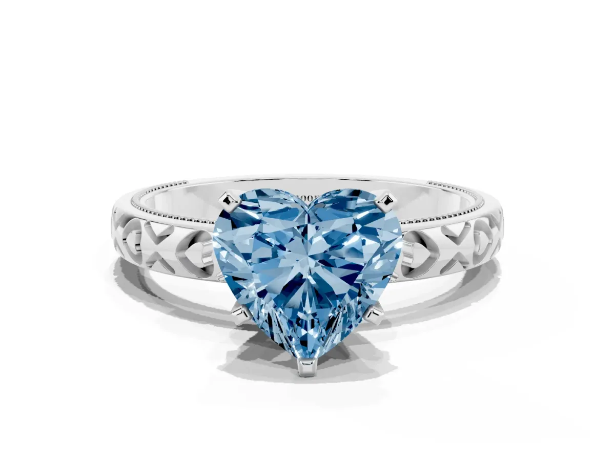Fancy Blue Heart Cut Solitaire Diamond Engagement Ring with XO Engraved Band and Four-Prong Setting Silver