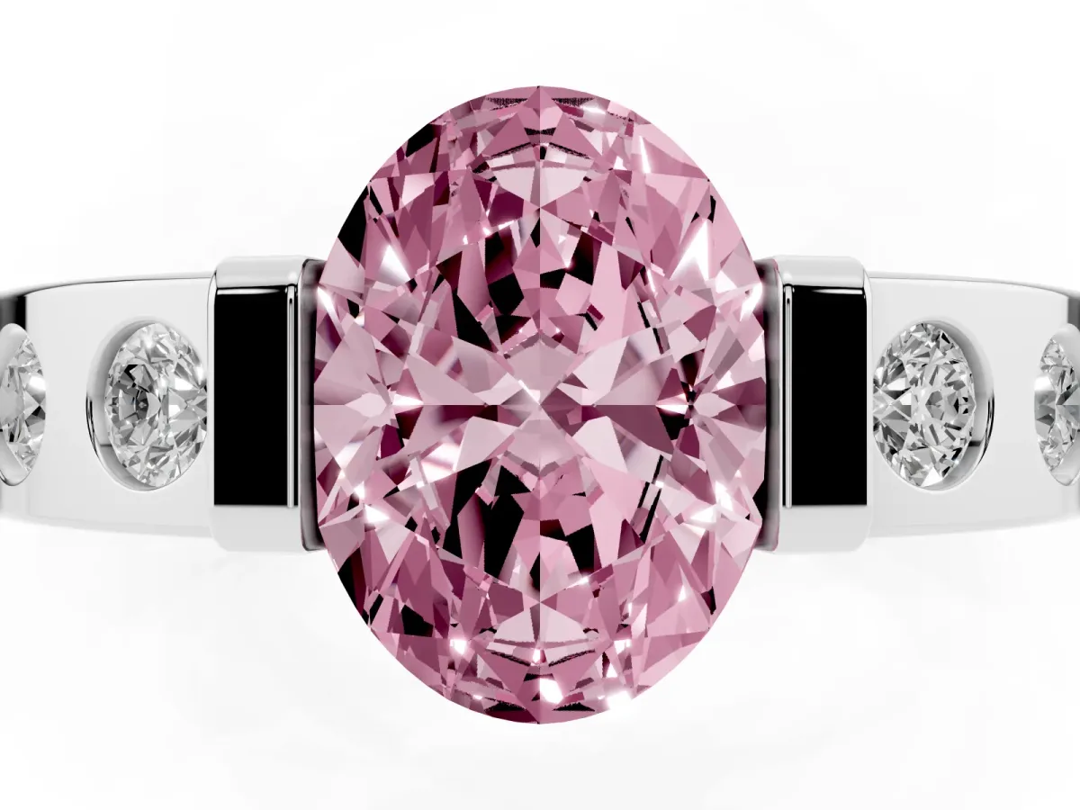 Fancy Pink Oval Cut Brilliant Channel-Set Diamond Ring with Bezel Prong Setting Platinum