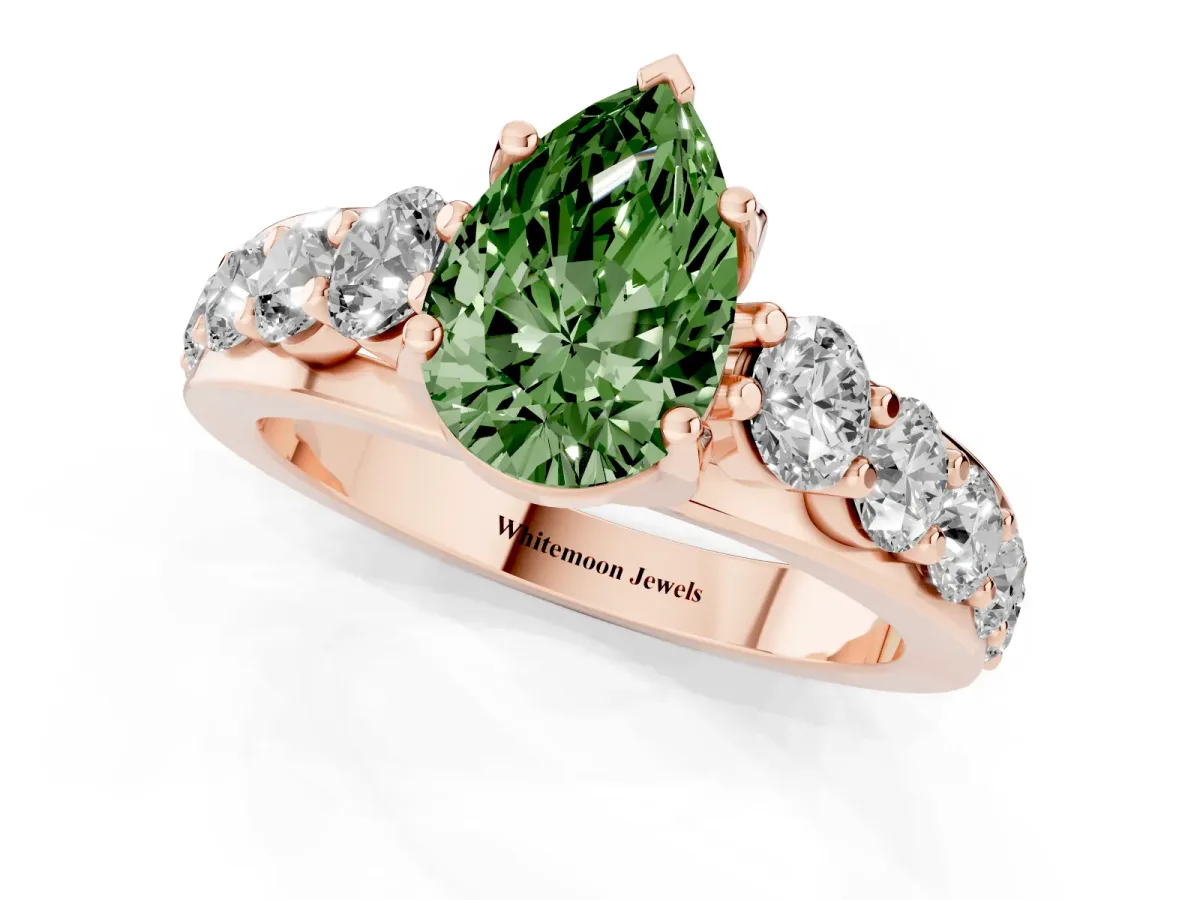 Fancy Green Pear Cut Diamond Engagement Ring with Pavé Band and Four-Prong Setting Rose gold