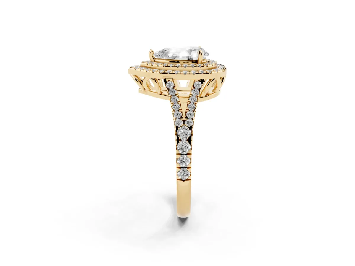 Pear Cut Diamond Double Halo Ring with Pavé Band and Prong Setting Yellow gold