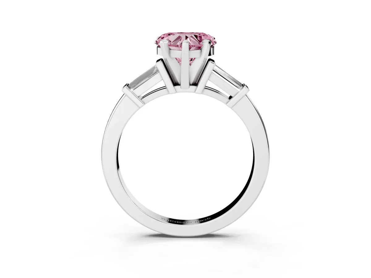 Fancy Pink Heart Cut Cut Diamond Solitaire Ring with Tapered Baguette Accents and Four-Prong Setting White gold