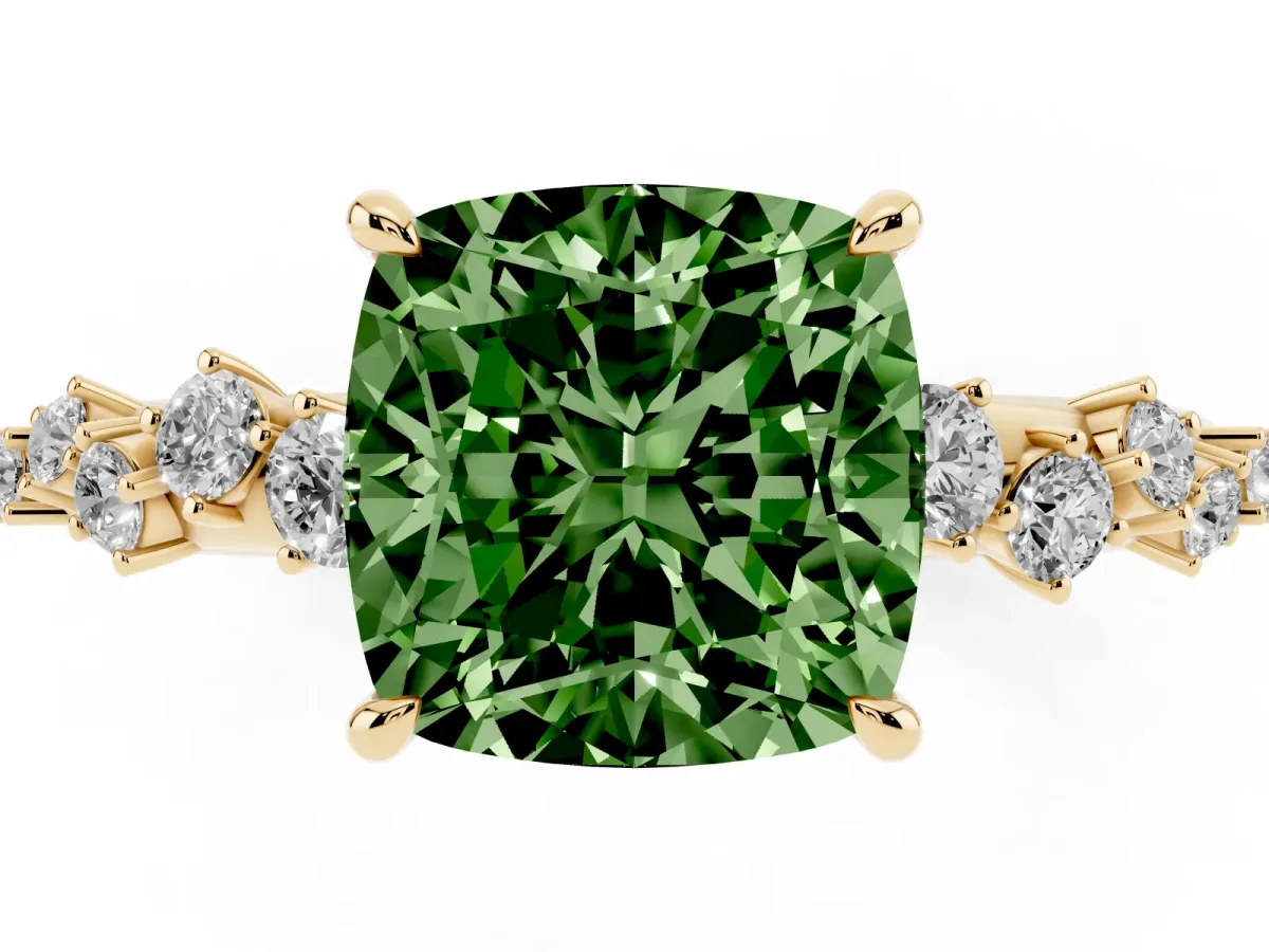 Fancy Green Cushion Cut Diamond Cluster Side Stone Solitaire Ring with Prong Setting Yellow gold