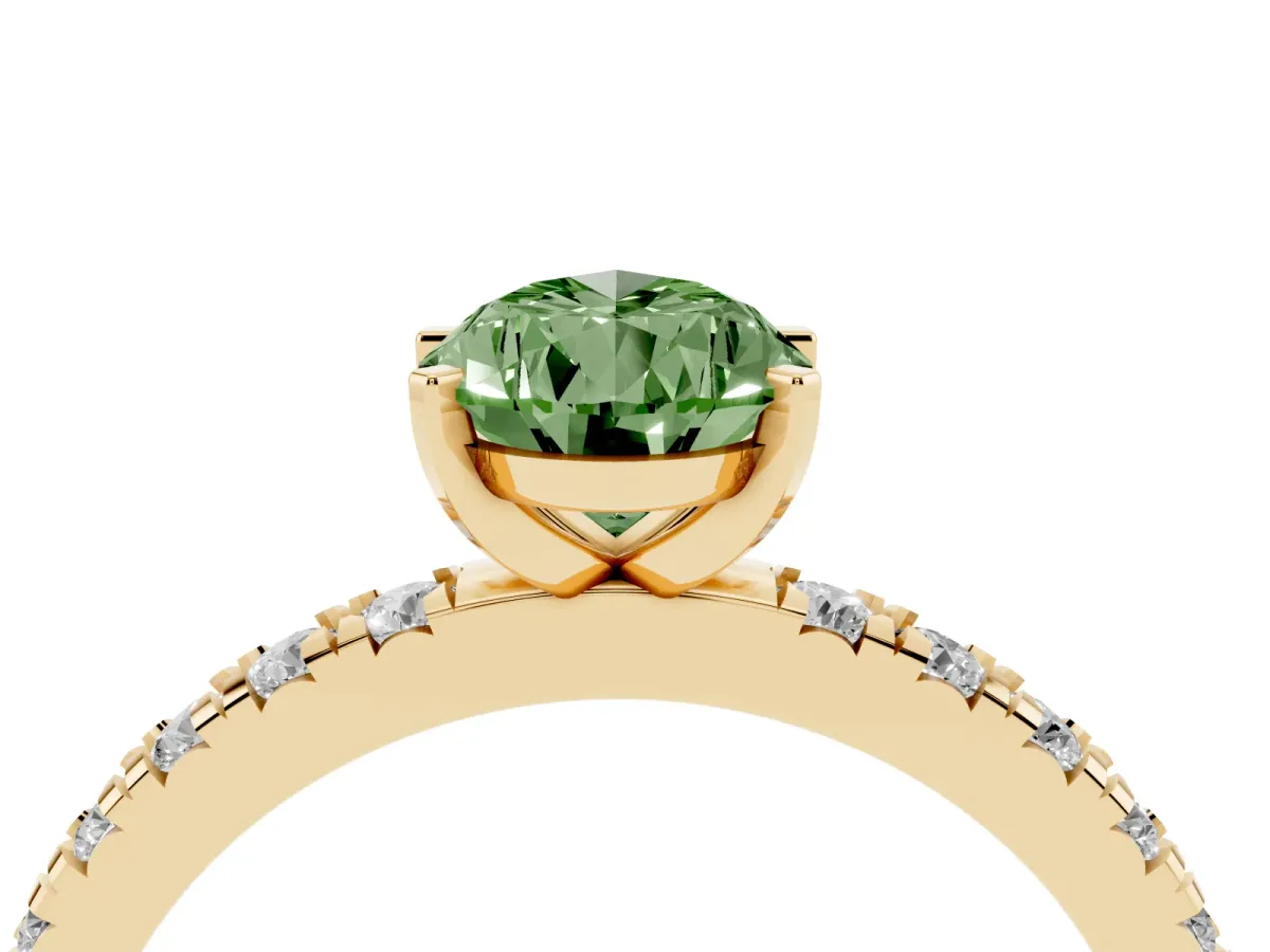 Fancy Green Pear Cut Diamond Pavé Band Solitaire with Four-Prong Setting Yellow gold