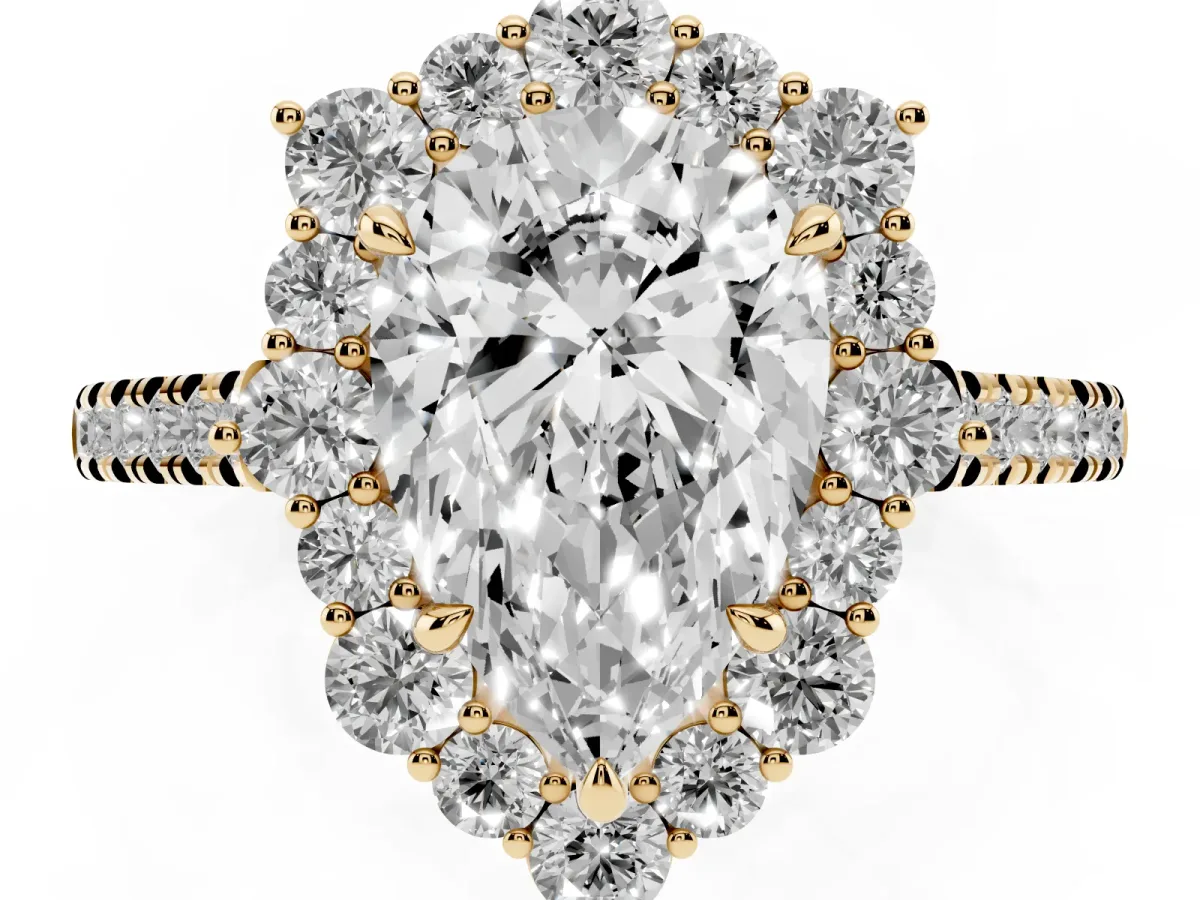 Pear Cut Halo Diamond Ring with Pavé Band and Prong Setting Yellow gold