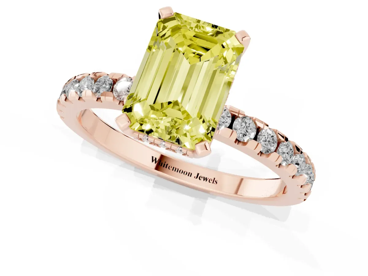 Fancy Yellow Emerald Cut Diamond Solitaire Ring with Round Pavé Band and Four-Prong Setting Rose gold