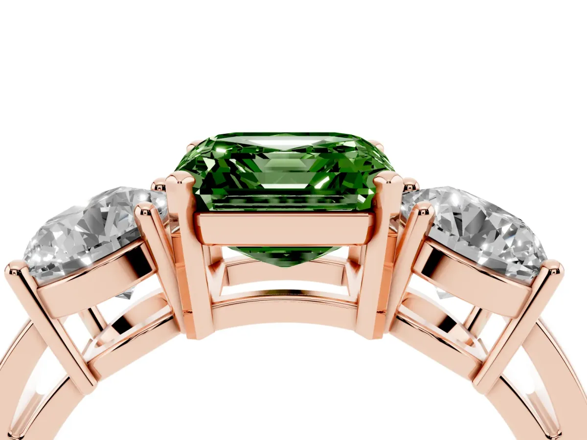 Fancy Green Three-Stone Asscher Cut Diamond Ring with Round Side Stones, Classic Band, and Four-Prong Setting Rose gold