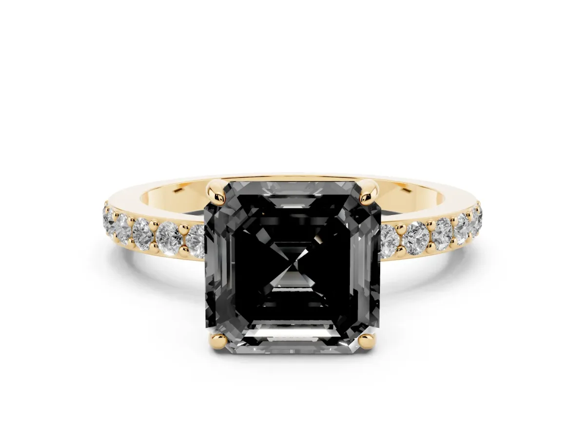 Fancy Black Asscher Cut Diamond Pavé Engagement Ring with Round Accents and Prong Setting Yellow gold