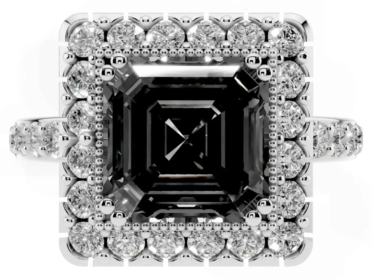 Fancy Black Asscher Cut Diamond Halo Ring with Pavé Band and Prong Setting Platinum