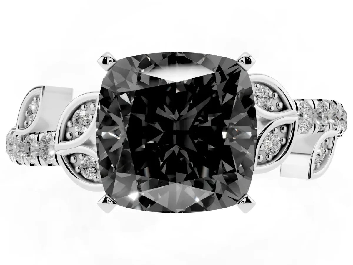 Fancy Black Cushion Cut Solitaire Leaf-Inspired Diamond Ring with Pavé Band and Four-Prong Setting Silver