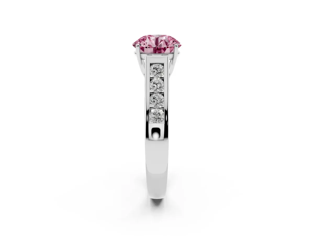 Fancy Pink Round Cut Brilliant Channel-Set Solitaire Ring with Four-Prong Setting Silver