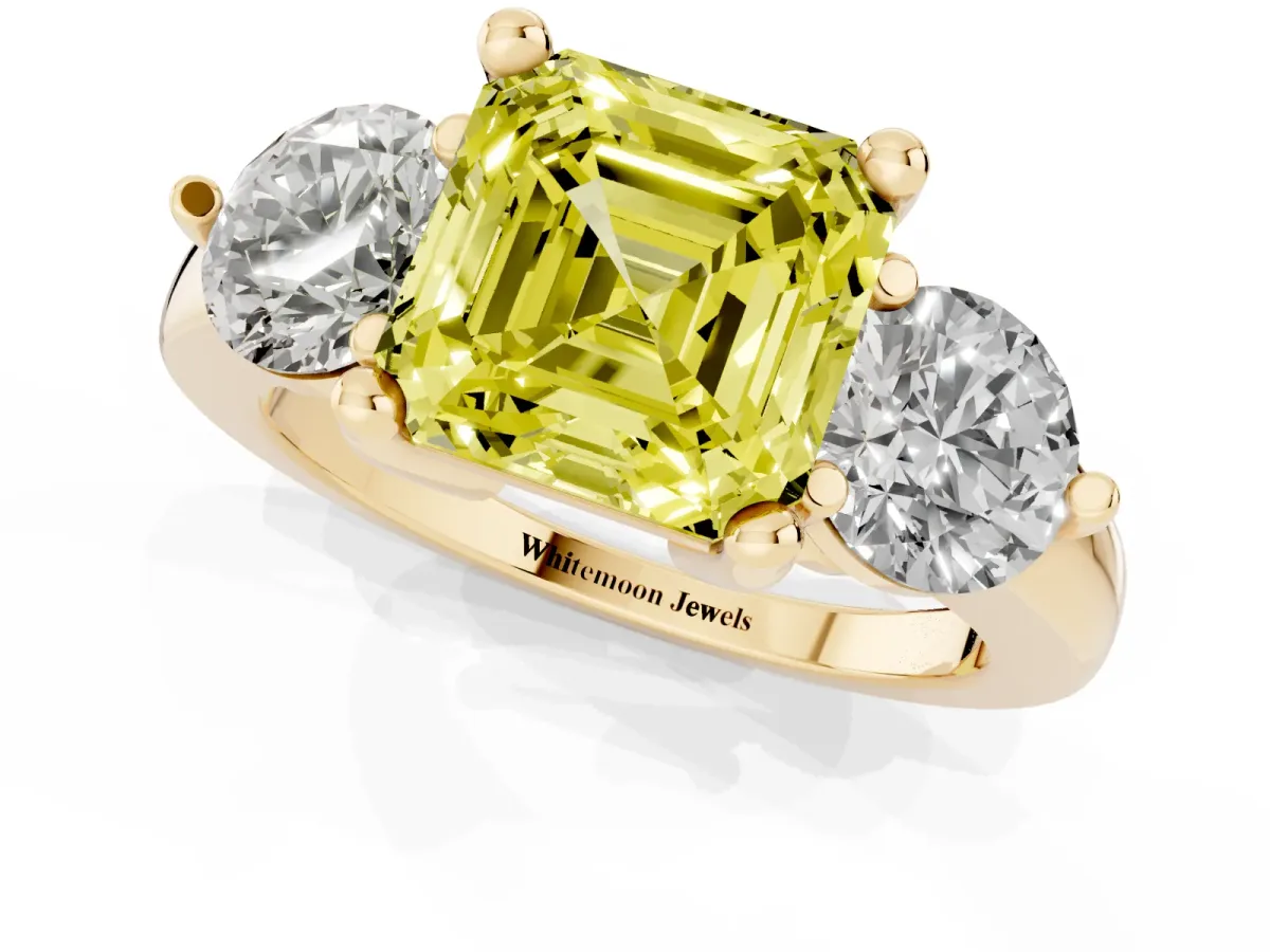 Fancy Yellow Three-Stone Asscher Cut Brilliant Cut Solitaire Ring with Prong Setting on a Classic Band Yellow gold