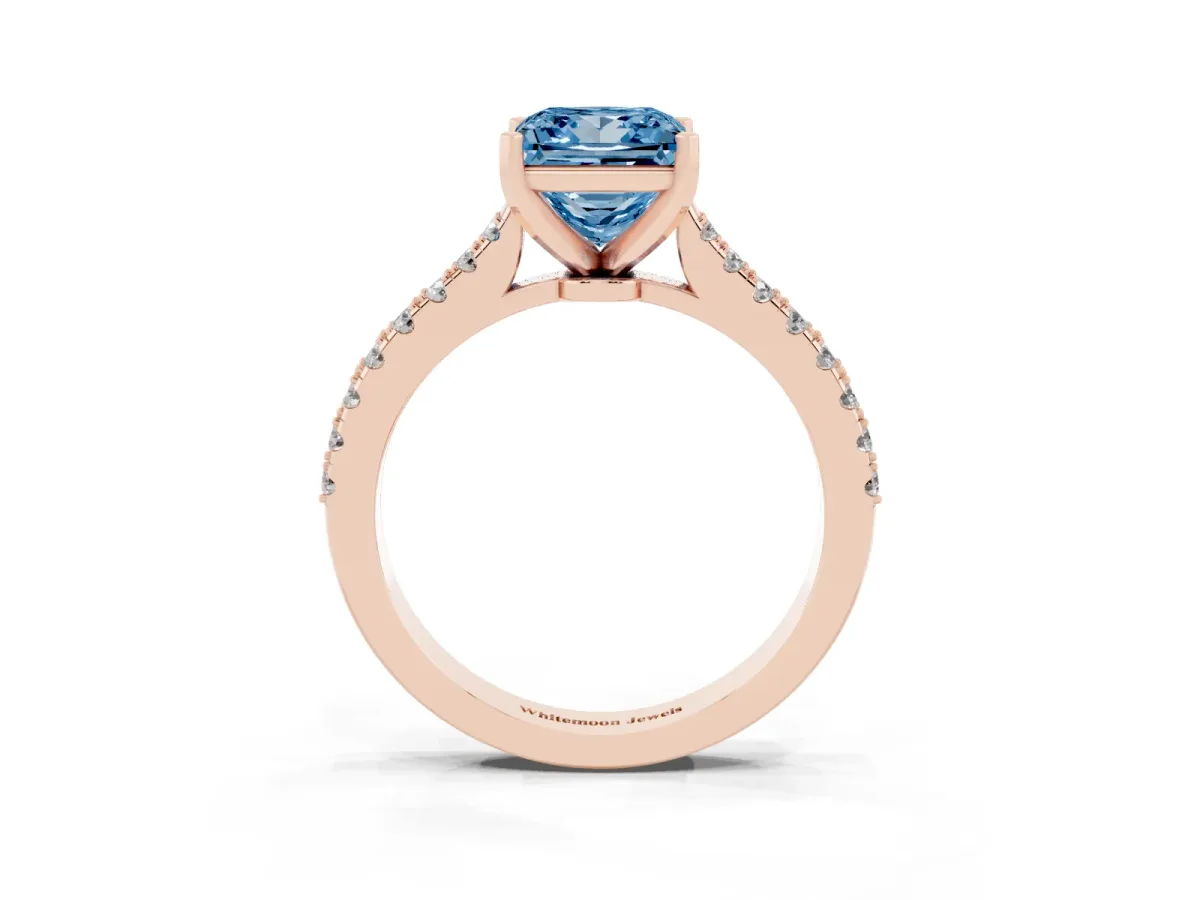 Fancy Blue Princess Cut Cut Solitaire Diamond Engagement Ring with Pave Band and Four-Prong Setting Rose gold