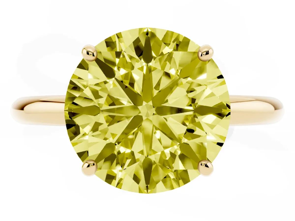 Fancy Yellow Round Cut Solitaire Diamond Ring with Four-Prong Setting on a Plain Band Yellow gold