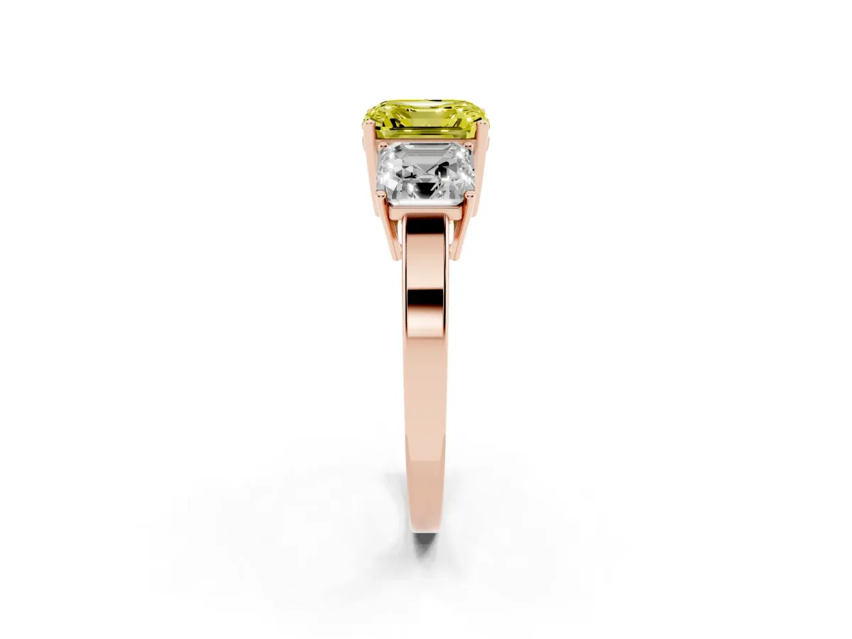 Fancy Yellow Three-Stone Asscher Cut Cut Diamond Engagement Ring with Flat Band and Four-Prong Setting Rose gold