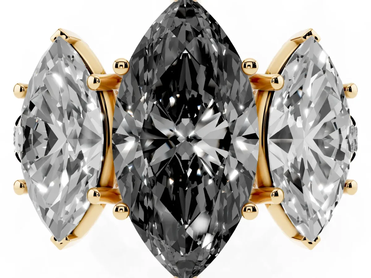 Fancy Black Three-Stone Marquise Cut Diamond Pavé Band with Prong Setting Yellow gold