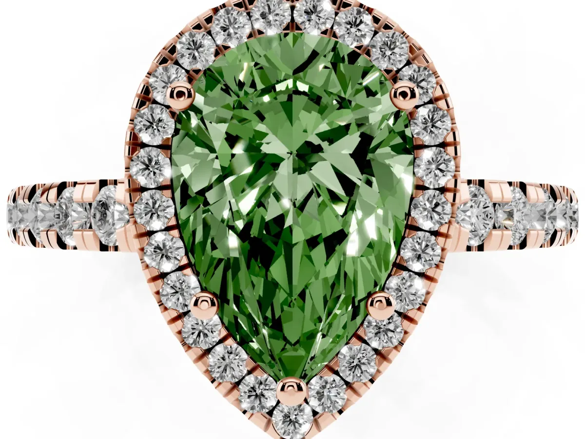 Fancy Green Pear Cut Diamond Halo Ring with Pavé Band and Four-Prong Setting Rose gold