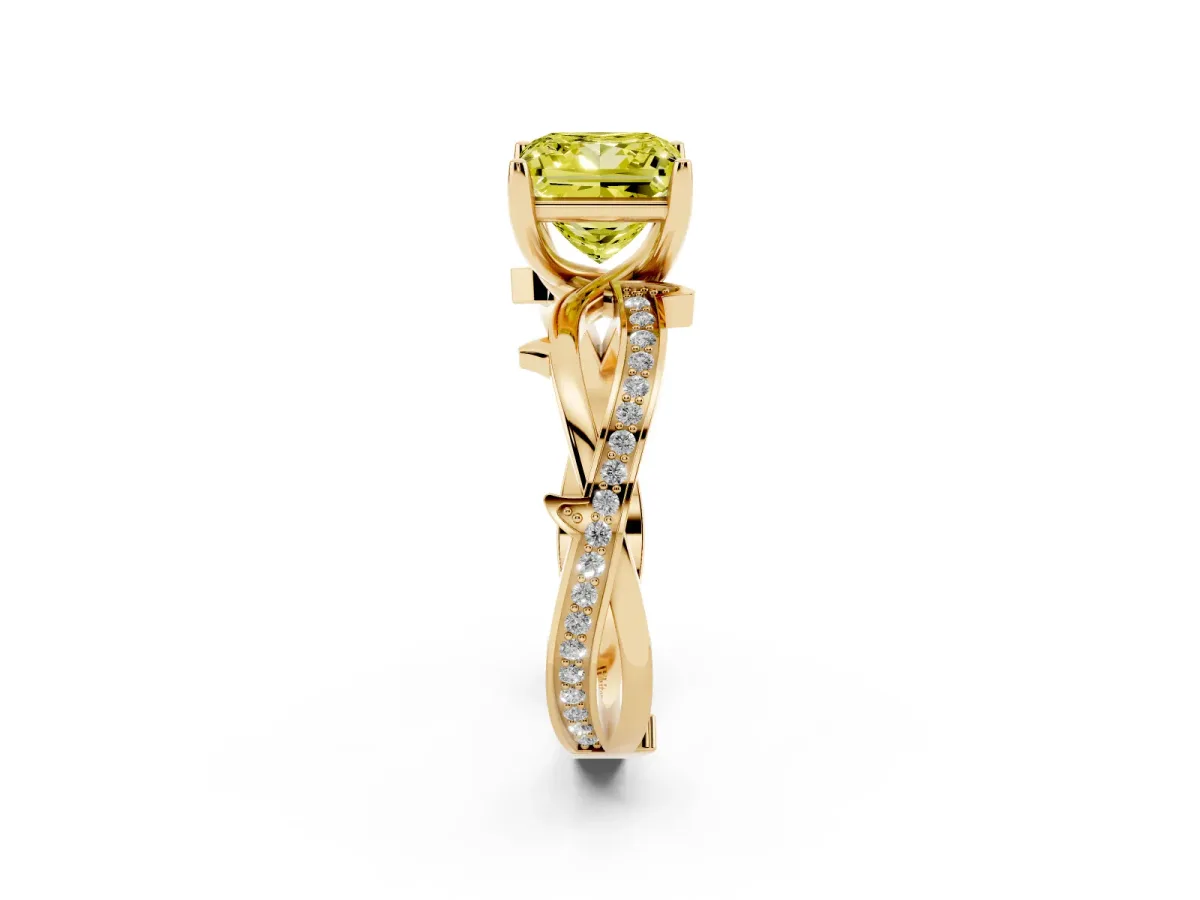 Fancy Yellow Princess Cut Solitaire Twist Band with Pavé Accents and Four-Prong Setting Yellow gold
