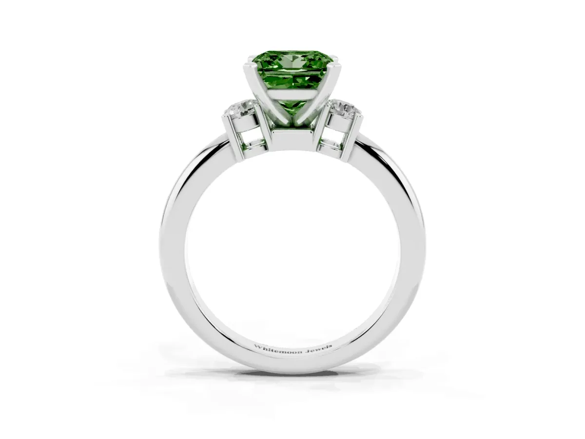 Fancy Green Three-Stone Princess Cut Cut Diamond Solitaire with Prong Setting and Classic Band Silver