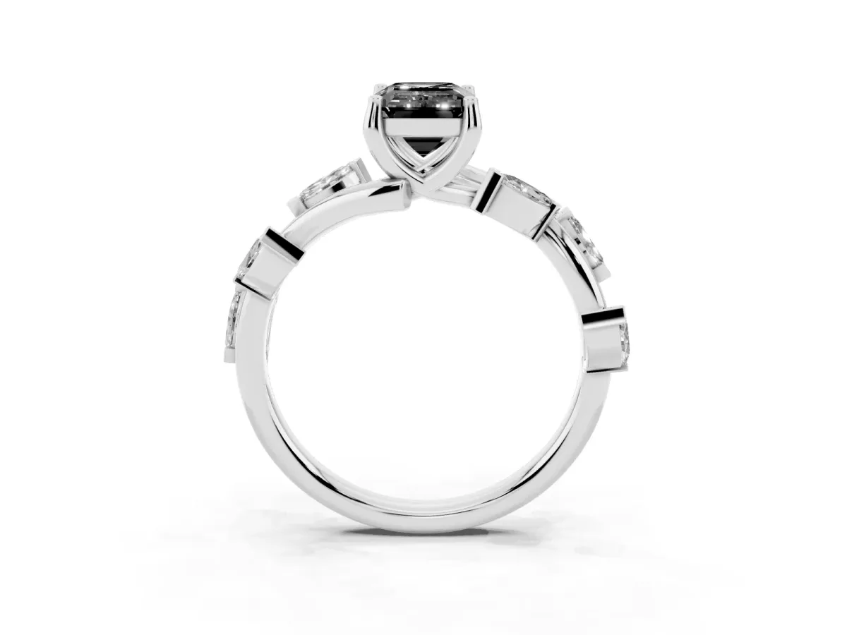 Fancy Black Emerald Cut Solitaire Twisted Band Marquise Accent Prong Setting Ring Platinum