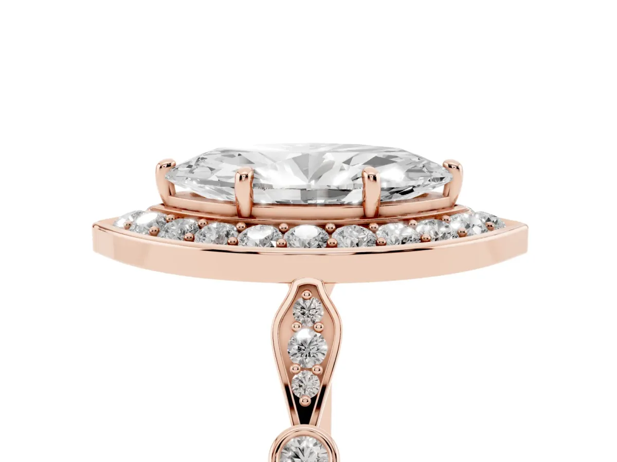 Marquise Cut Halo Diamond Engagement Ring with Twisted Band and Four-Prong Setting Rose gold