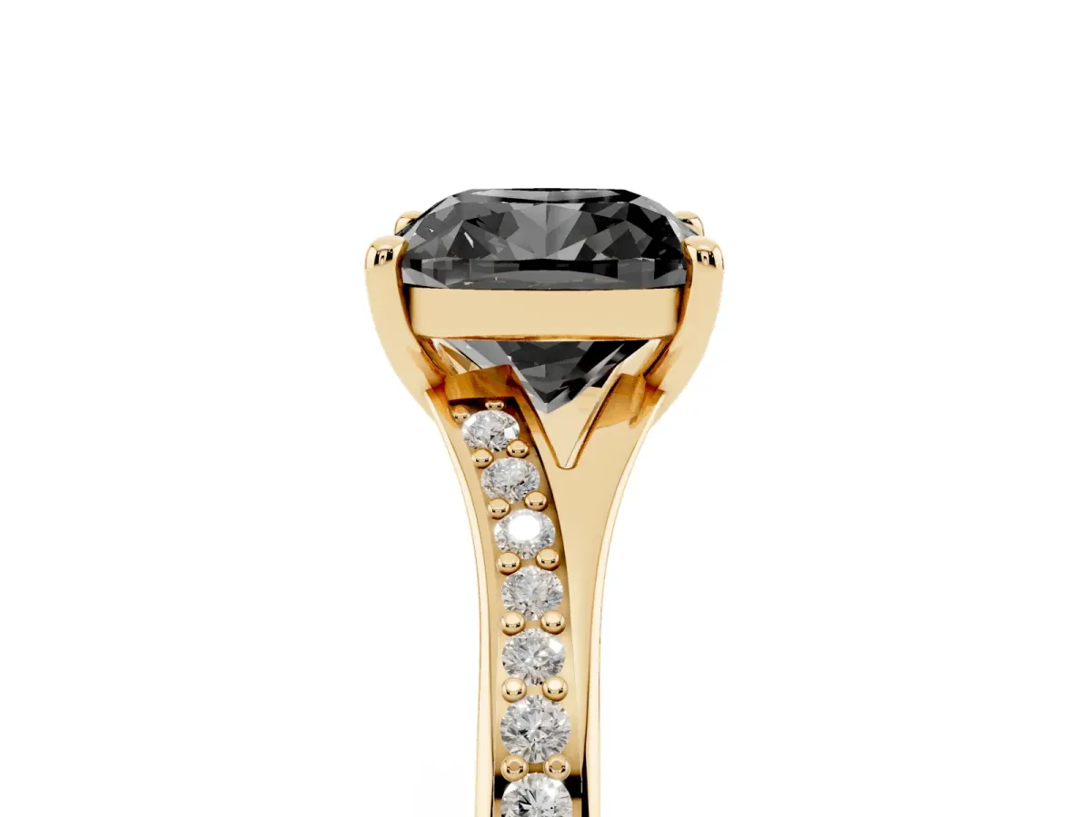 Fancy Black Cushion Cut Diamond Solitaire Ring with Pavé Band and Prong Setting Yellow gold