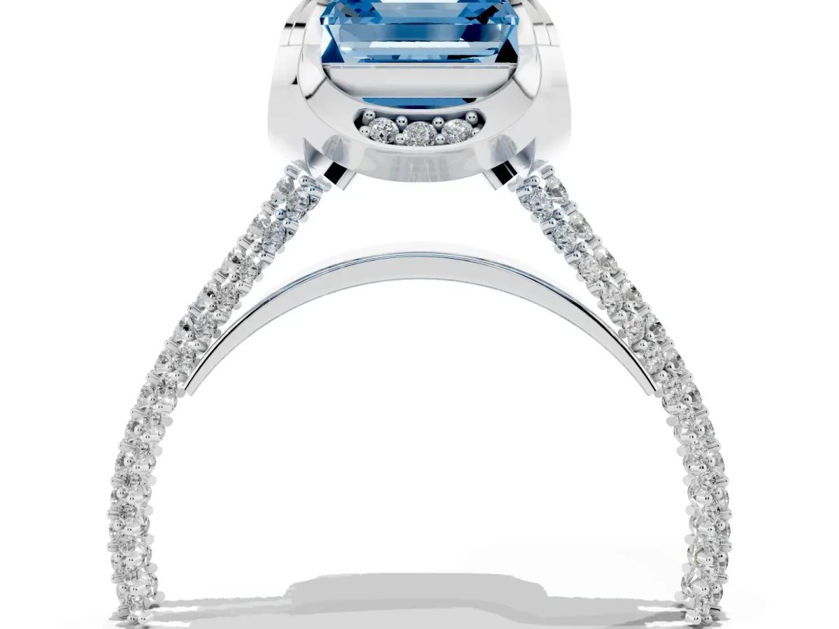 Fancy Blue Asscher Cut Solitaire Pave Split Shank Ring with Four-Prong Setting White gold