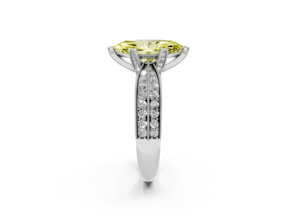 Fancy Yellow Marquise Cut Diamond Solitaire Ring with Milgrain Round Pavé Band and Prong Setting Silver