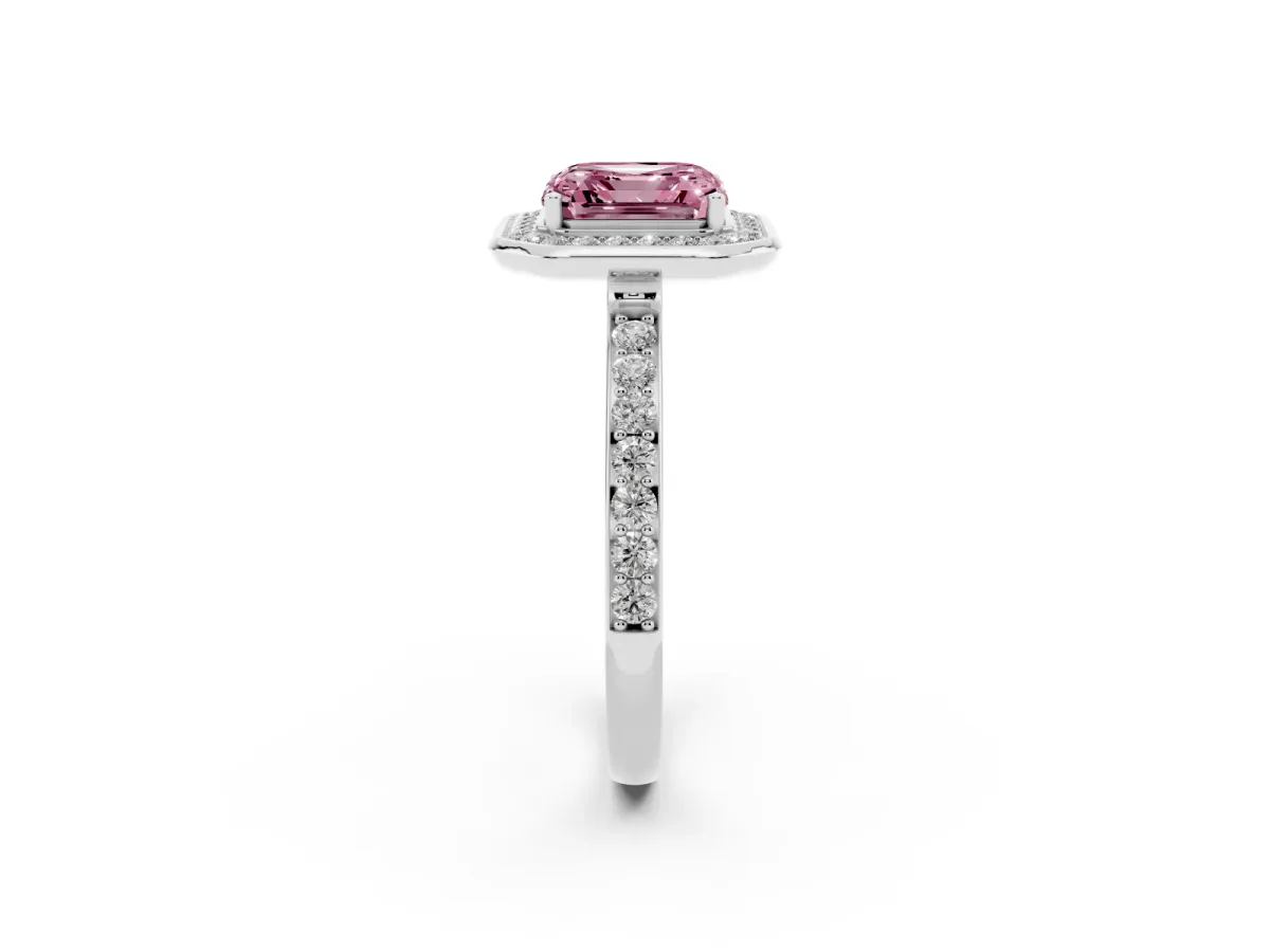 Fancy Pink Asscher Cut Diamond Halo Ring with Bezel Frame and Pavé Band Silver
