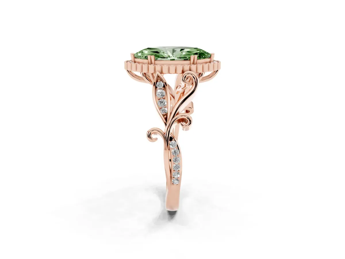 Fancy Green Marquise Cut Diamond Halo Ring with Vintage Split Shank and Four-Prong Setting Rose gold