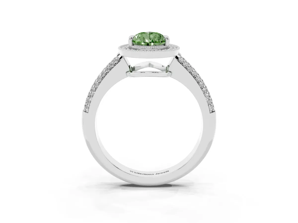 Fancy Green Pear Cut Cut Halo Diamond Pave Band with Four-Prong Setting Silver