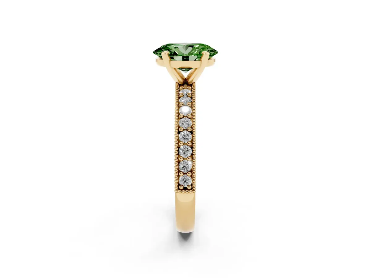 Fancy Green Oval Cut Diamond Milgrain Pavé Engagement Ring with Four-Prong Setting Yellow gold