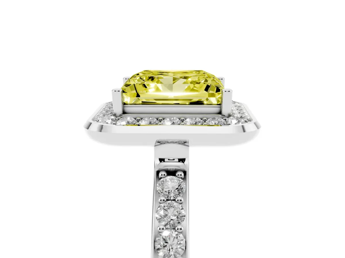Fancy Yellow Princess Cut Diamond Halo Ring with Bezel Frame and Pavé Band Platinum