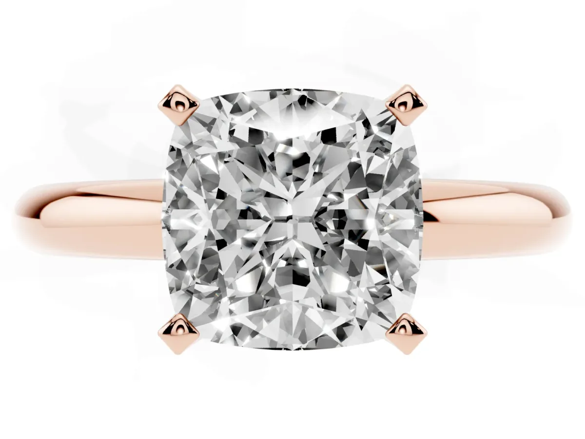 Cushion Cut Diamond Solitaire Engagement Ring with Round Band and Four-Prong Setting Rose gold