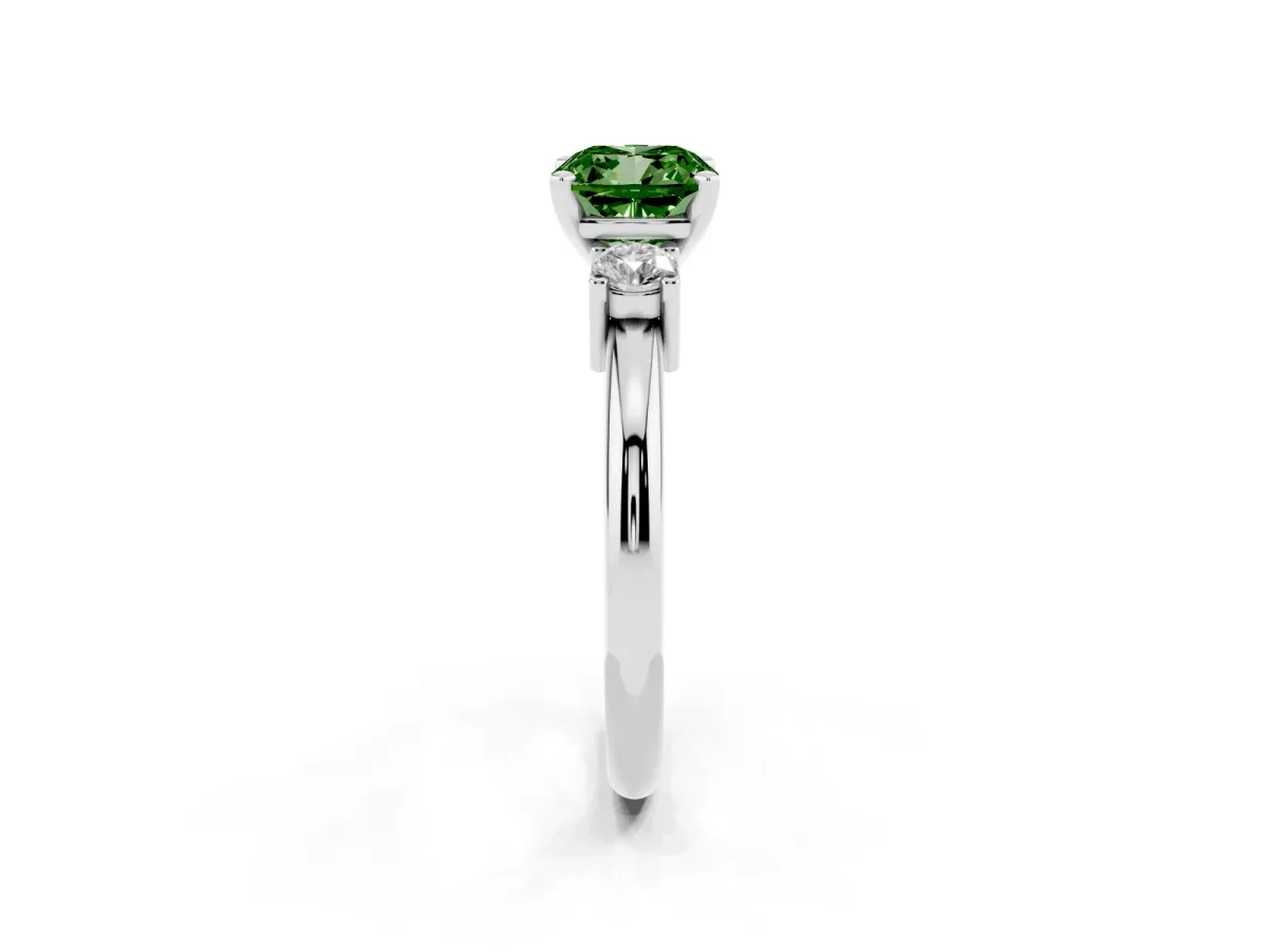 Fancy Green Three-Stone Cushion Cut Cut Diamond Solitaire with Prong Setting and Classic Band Silver