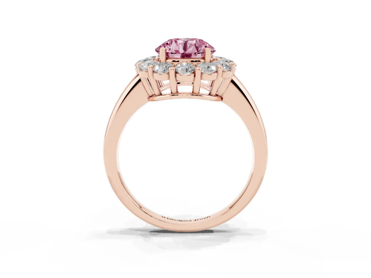 Fancy Pink Round Cut Halo Cluster Diamond Engagement Ring with Prong Setting and Polished Band Rose gold