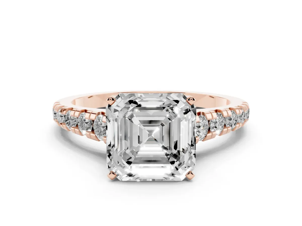 Asscher Cut Diamond Cathedral Solitaire Ring with Round Pavé Band Rose gold