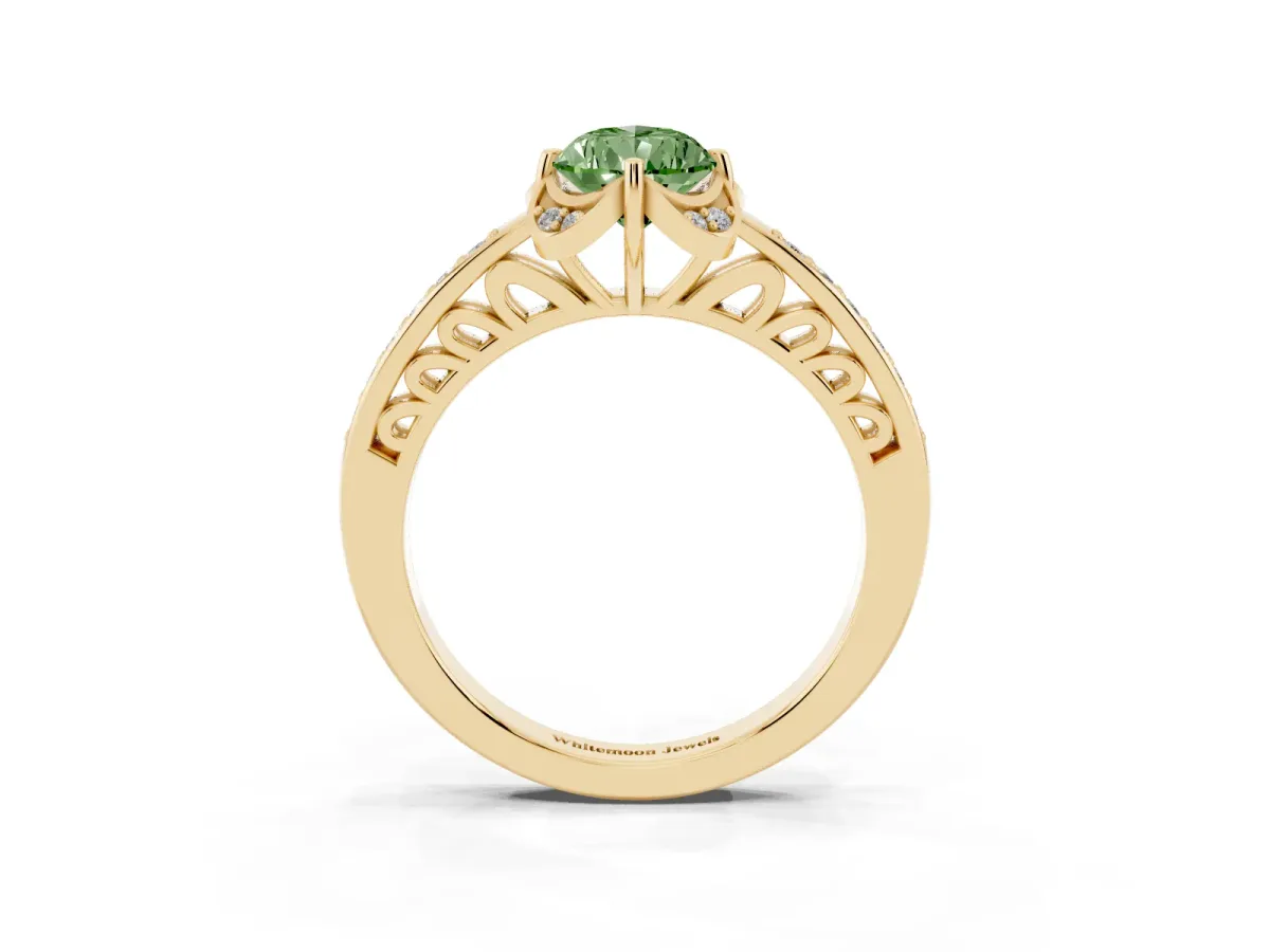 Fancy Green Pear Cut Cut Halo Diamond Ring with Channel Set Band and Four-Prong Setting Yellow gold