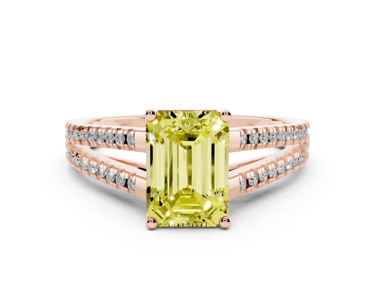 Fancy Yellow Emerald Cut Diamond Solitaire Engagement Ring with Split Shank Pavé Band Rose gold