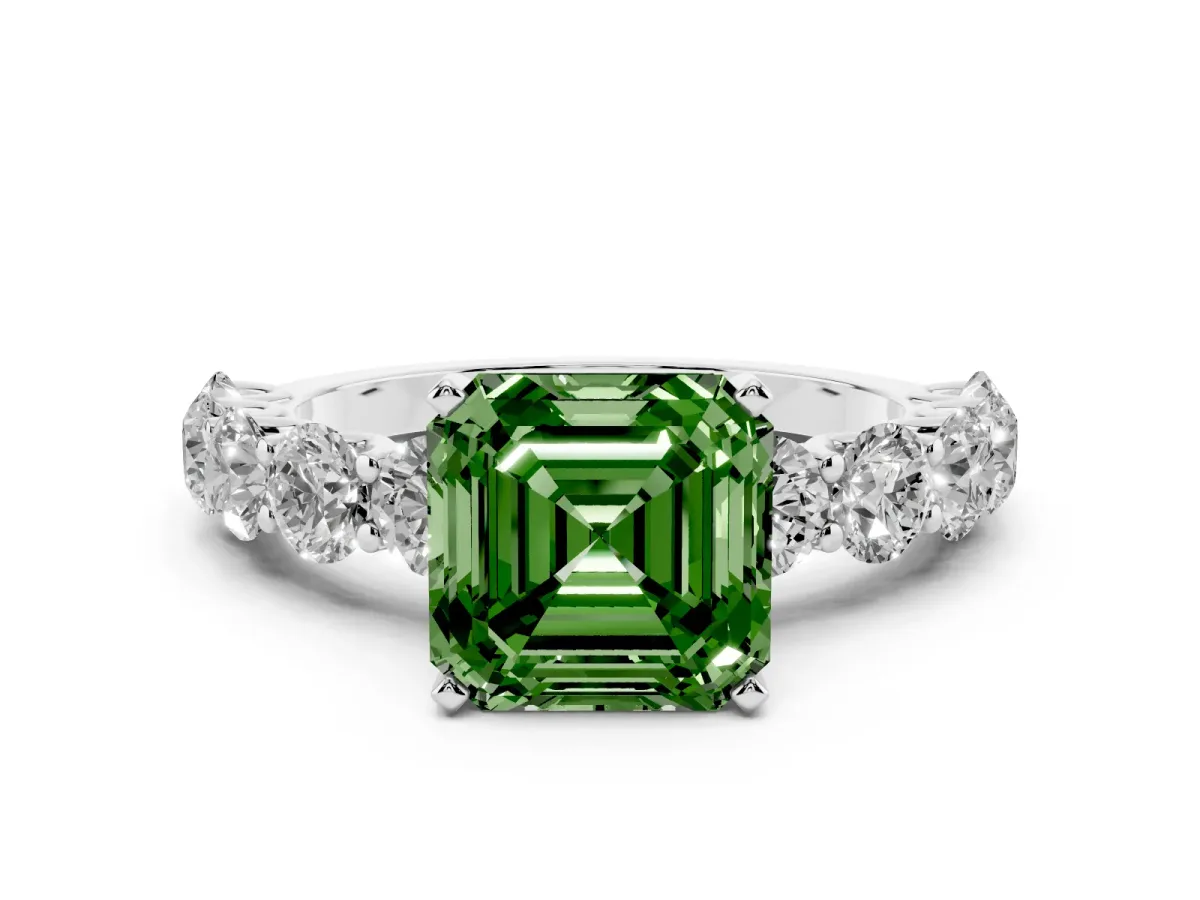 Fancy Green Asscher Cut Diamond Prong Setting with Side Stones on a Pave Band Silver