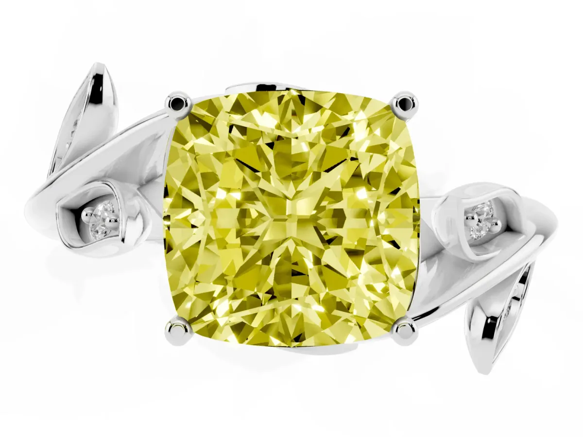 Fancy Yellow Cushion Cut Solitaire Twist Engagement Ring with Leaf Accents and Prong Setting Platinum