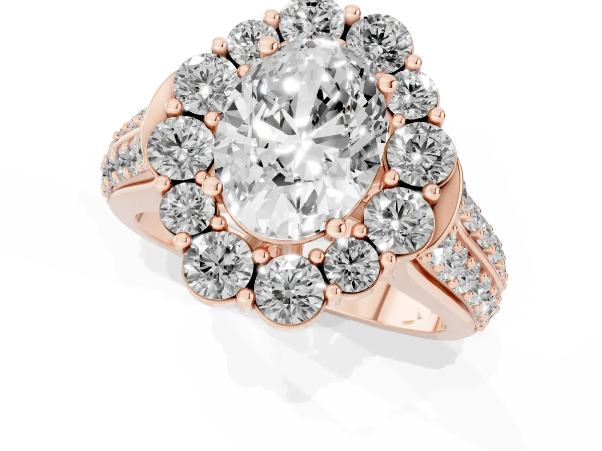 Oval Cut Halo Diamond Engagement Ring with Split Shank and Prong Setting Rose gold