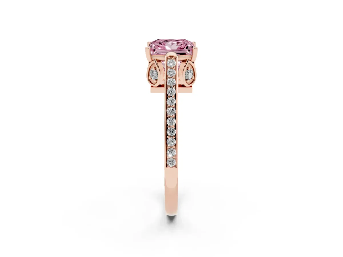 Fancy Pink Princess Cut Cut Cathedral Pave Diamond Engagement Ring with Six-Prong Setting Rose gold