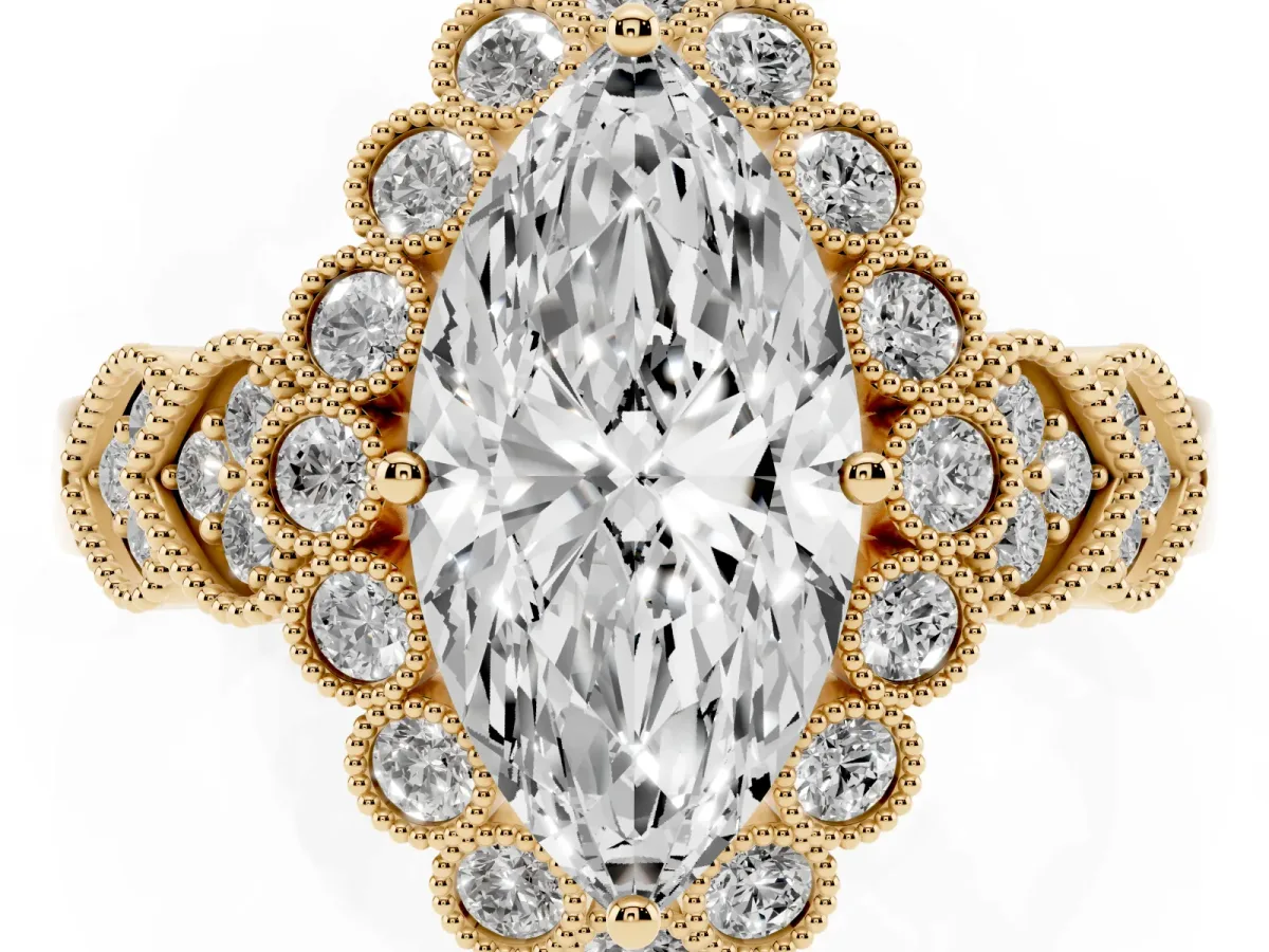 Marquise Cut Brilliant Milgrain Pave Heart Band Solitaire Ring Yellow gold