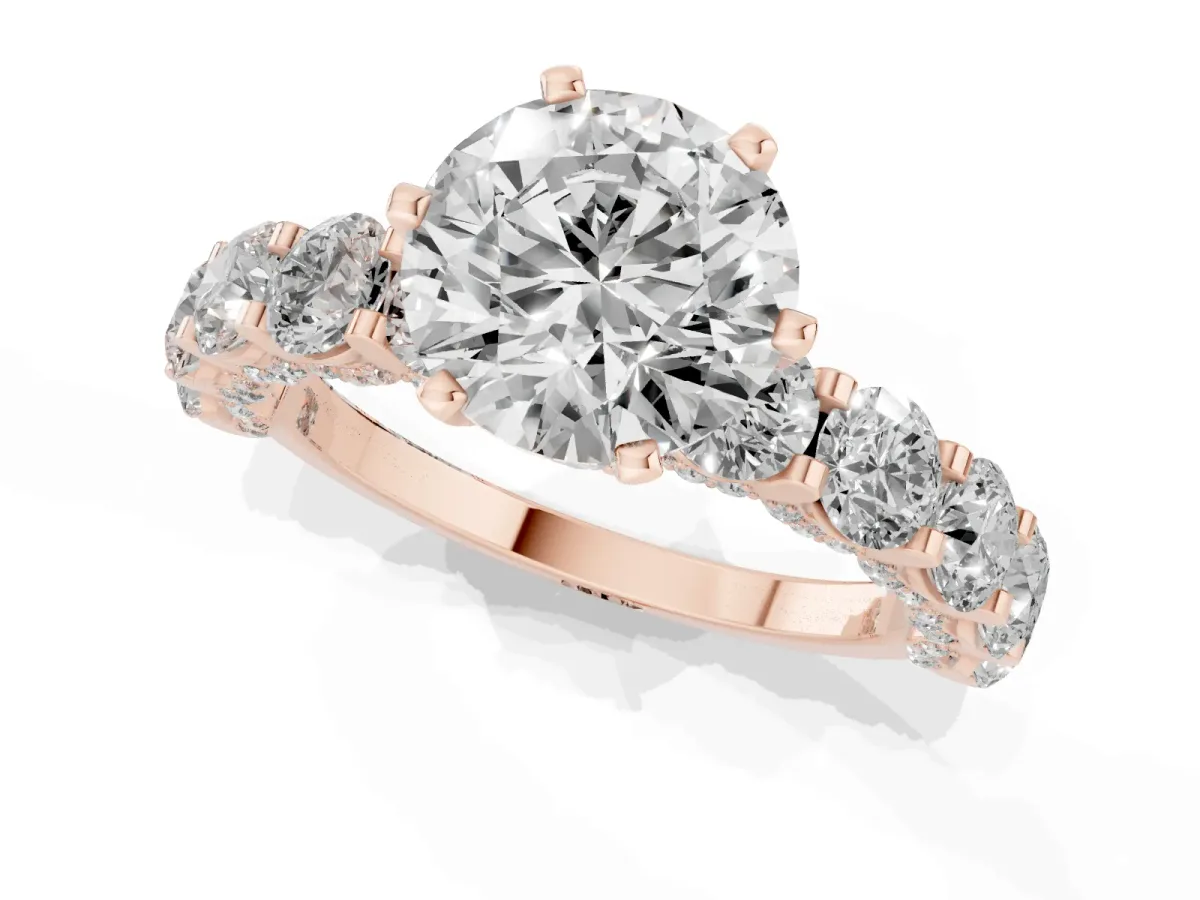 Round Cut Diamond Side Stone Engagement Ring with Four-Prong Setting Rose gold