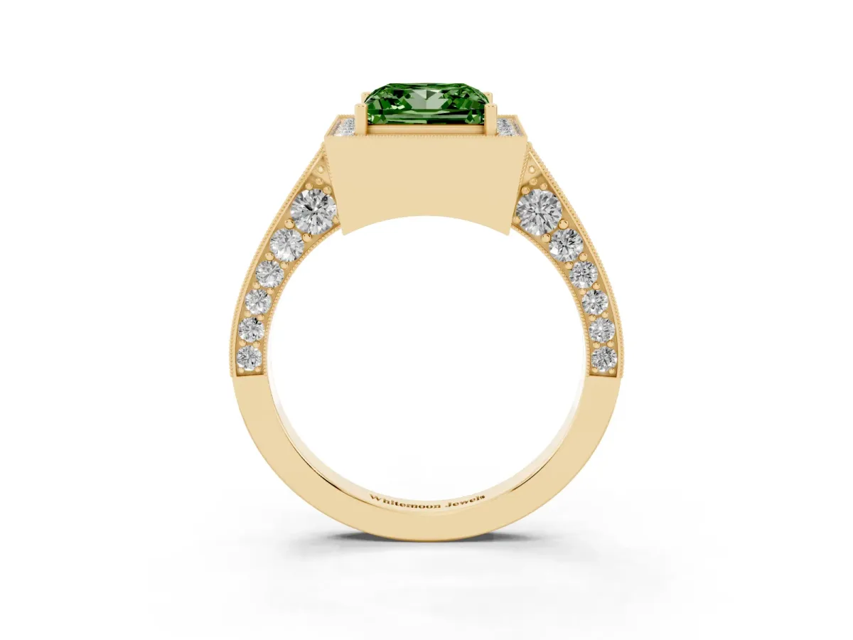 Fancy Green Princess Cut Halo Diamond Engagement Ring with Split Shank Band and Four-Prong Setting Yellow gold