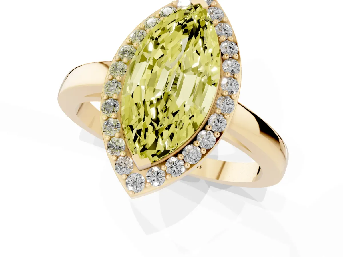 Fancy Yellow Marquise Cut Halo Diamond Ring with Solitaire Band and Prong Setting Yellow gold